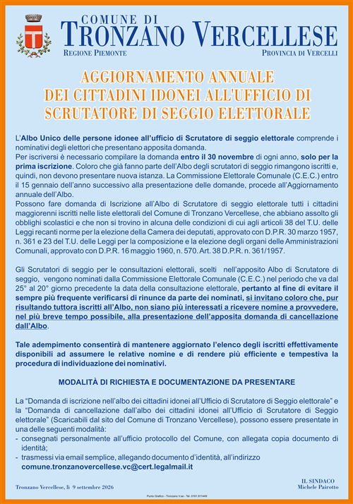 Aggiornamento annuale dei cittadini idonei all'ufficio di scrutatore di seggio elettorale.